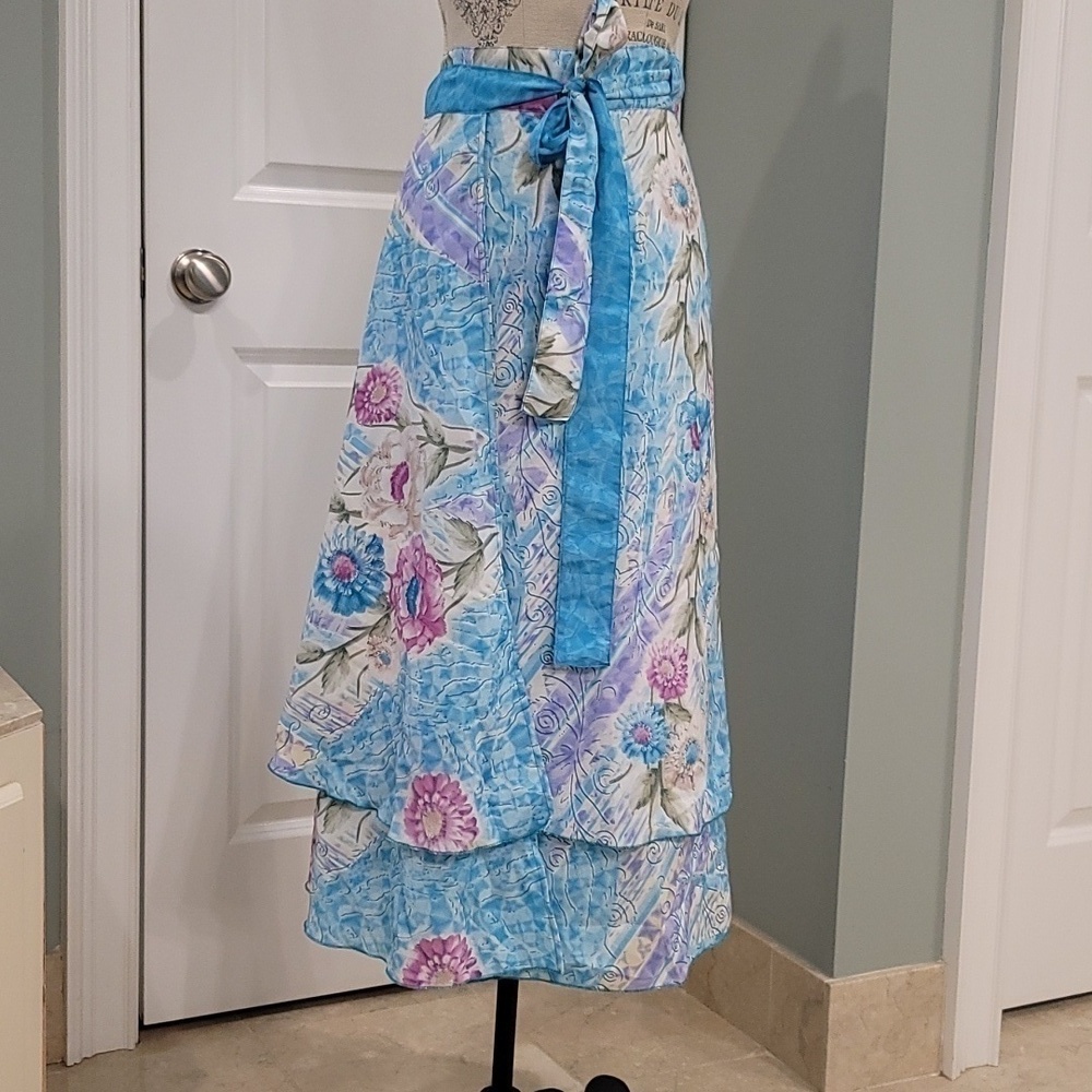 Jovani Designs Hawaiian Aqua Floral Silk Blend Wrap Maxi Skirt - Size Large O/S - Picture 2 of 8